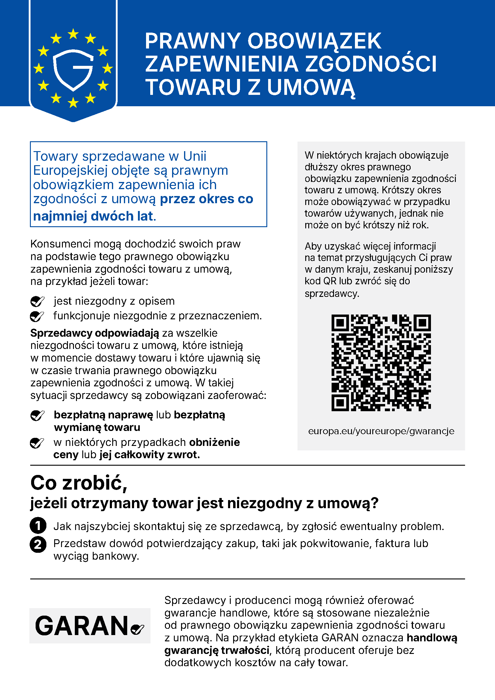 Oficjalna informacja Unii Europejskiej o ustawowej ochronie konsumenta w języku polskim